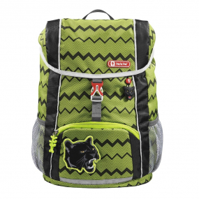 Lime and Black Step By Step Junior Wild Cat backpack front angle view displaying a top pocket, a buckle clip and a wild cat chain with a front lower pocket at the bottom, magnetic wild cat and showing two side water bottle holders 