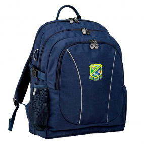 Navy backpack front angle view with zippers, buckles and three pockets