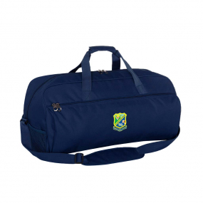 Harlequin sport Bag in Navy Blue front angle displaying carry handles, top zip compartment, front lower zip compartment and shoulder strap 