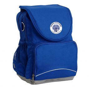 Harlequin Ergo Tuff-Pack shown in royal blue, side angle,  front pocket and Tarampa logo