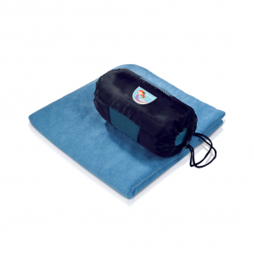 Harlequin Towel in-a-bag displaying travel bag with drawstring toggle and mesh sides with a personalisation and a royal blue towel