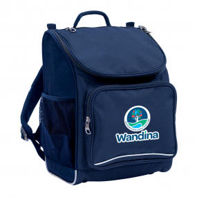 Harlequin Mighty in navy front side angle displaying carry handle, padded shoulder straps, top zipper compartment, front zipper pocket, and mesh water bottle holder with Wandina logo 