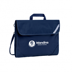 Harlequin Safety Library bag in Navy displaying carry handle, velcro opening, shoulder strap, reflector safety strip and reinforced corners with Wandina logo