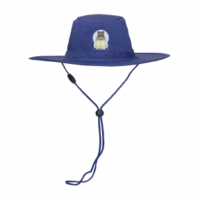 Harlequin Wide Brimmed Hat in Royal displaying wide brim, padded cotton sweatband and cord with slide toggle