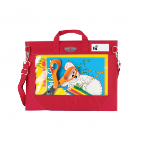 Harlequin Window Library bag in red displaying carry handle, clear PVC window on reverse of bag, shoulder strap, two d-rings to attach shoulder straps, reinforced corners and name card sleeve