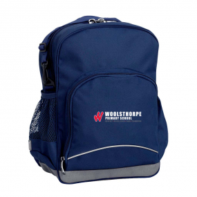 Navy Kindy Tuff-Pack front angle view showing a small front pocket and a hayes park public school logo