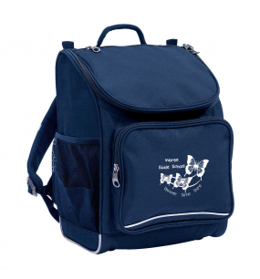 Harlequin Mighty in navy front side angle displaying carry handle, padded shoulder straps, top zipper compartment, front zipper pocket, headphone port and mesh water bottle holder with Woree State school logo
