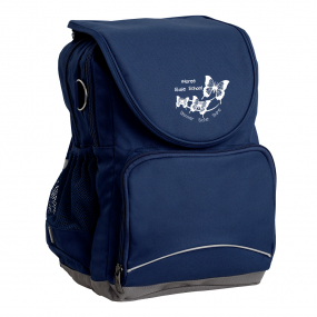 Harlequin Ergo Tuff-Pack shown in navy blue, side angle and front pocket with Woree state school logo