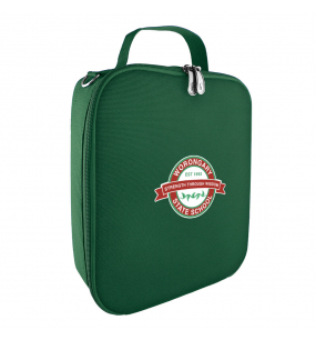 Harlequin lunch bag in green front side angle displaying carry handle, durable water repellent material