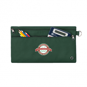 Harlequin green pencil case front angle displaying two zip compartments and D-ring with Barraba logo