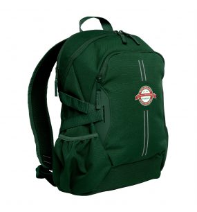 Green Harlequin Quantum Backpack Bag with personalisation, two compartments with zip closure, light reflectors on the front pocket and adjustable straps and bottle holder on the sides of the bag.